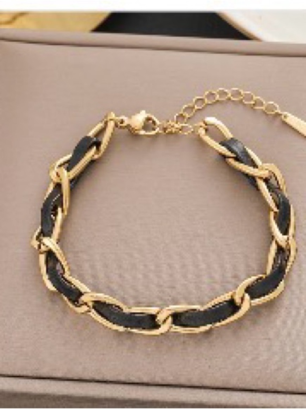 Gold and Black leather Chain-Link Bracelet - Women's Jewelry